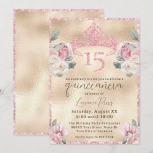 Convite Rosas com Tiara de Brilho em Quinceañera Dourada