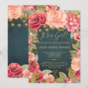 Convite Rosas cor de blush rosa dourado luzes banho de beb
