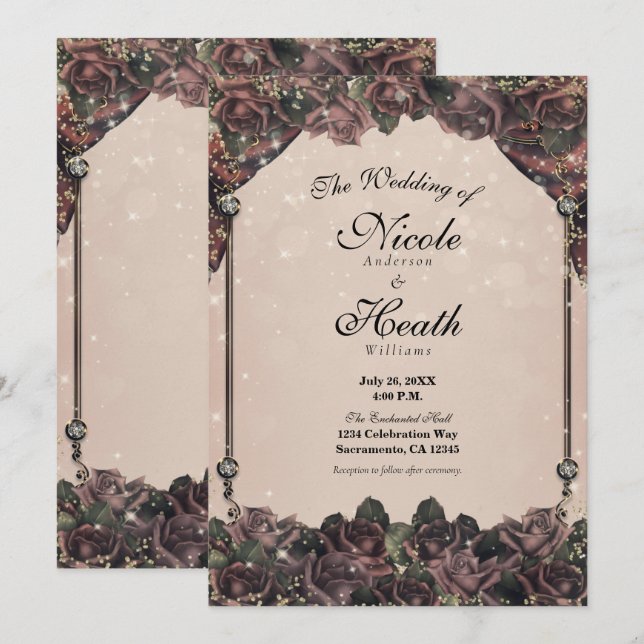 Convite Rosas Cor de Malva com Brilho Brilham Casamento de (Frente/Verso)