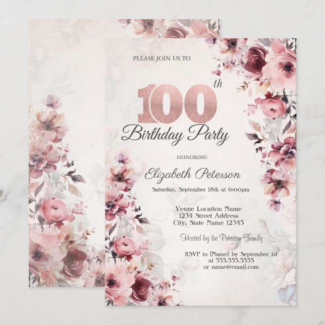 Convite Rosas Cor-de-Rosa 100º Aniversário (Frente/Verso)