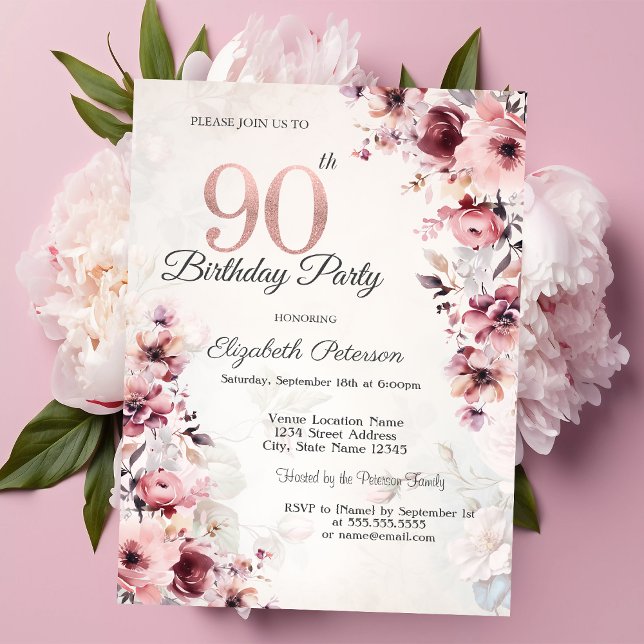 Convite Rosas Cor-de-Rosa 90º Aniversário (Criador carregado)