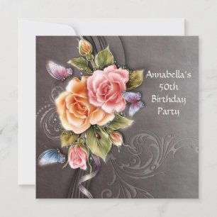 Convite Rosas Cor-de-Rosa Antigas Arte Floral Aniversário 