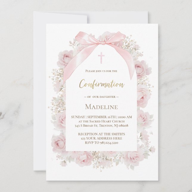 Convite rosas cor-de-rosa aquarela Confirmação (Frente)