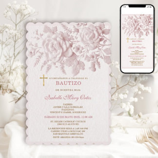 Convite Rosas Cor-de-Rosa Batismo Menina Cruz Falso Embuti