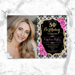 Convite Rosas cor-de-rosa Black White Damask Foto 50th Bir<br><div class="desc">Elegante convite floral feminino para o 50º aniversário com sua foto. Design cor-de-rosa preto brilhante com ouro brilhante. Apresenta cor damasco preta e branca, rosas cor-de-rosa, fonte de script e confetti. Perfeito para uma festa de comemoração de na moda adulto. Personalize com seus próprios detalhes. Pode ser personalizado para qualquer...</div>