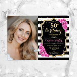 Convite Rosas cor-de-rosa Black White Stripes Foto 50º Ani<br><div class="desc">Elegante convite floral feminino para o 50º aniversário com sua foto. Design cor-de-rosa preto brilhante com ouro brilhante. Apresenta faixas pretas e brancas, rosas cor-de-rosa pinceladas, fontes de script e confetti. Perfeito para uma festa de comemoração de na moda adulto. Personalize com seus próprios detalhes. Pode ser personalizado para qualquer...</div>