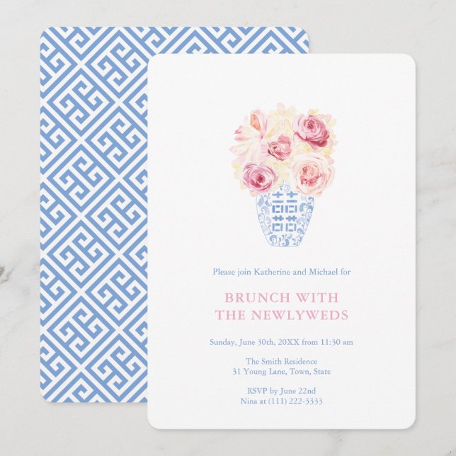 Convite Rosas Cor-de-Rosa Bonitas Brunch Azul e Branco par (Frente/Verso)