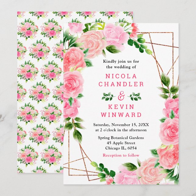 Convite Rosas Cor-de-Rosa com Folhagem de Casamento (Frente/Verso)