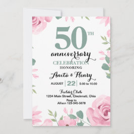 Convite Rosas cor-de-rosa com texto em verde-sageo anivers