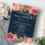 Convite Rosas cor-de-rosa corda-ouro luzes marinho azul do<br><div class="desc">O elegante estilo vintage romântico,  doce,  dezesseis modelo convite de festas,  com rosas cor-de-rosa-claro-rosado e ouro-pêssego e bordas florescentes e cordas rústicas ouros ou luzes cintilantes em um fundo comum azul-escuro. — O convite é adequado para primavera ou noite de verão,  festas rústicas ou jardineiras ao ar livre.</div>