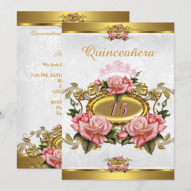 Convite Rosas cor-de-rosa Dourado, 15, Quinceanera, branco (Frente/Verso)