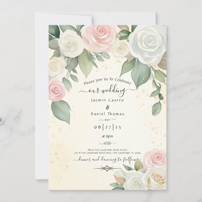 Convite Rosas Cor-de-Rosa e Brancas em Desabrochar Crepusc (Frente)