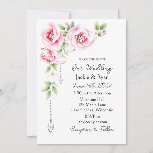 Convite Rosas Cor-de-Rosa e Diamantes Floral Casamento  (Frente)