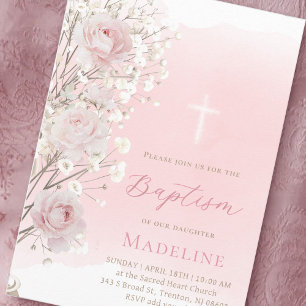 Convite rosas cor-de-rosa e gipsófila   Batismo menina 