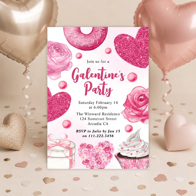 Convite Rosas Cor-de-Rosa e Reluzentes e Cupcakes Dia das  (Criador carregado)