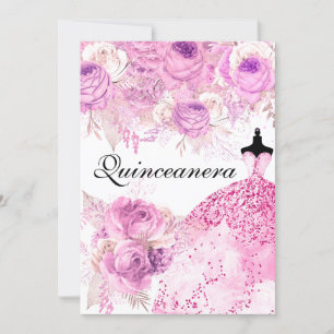 Convite Rosas cor-de-rosa e roxos vestem quinceanera convi