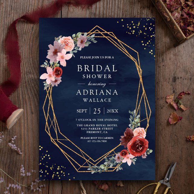 Convite Rosas cor-de-rosa embebidas Marinho Chá de panela  (Criador carregado)