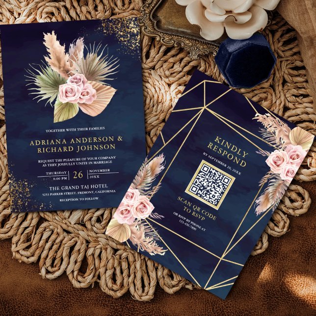 Convite Rosas Cor-de-rosa Empolvilhadas Azul Marinho Códig (Criador carregado)