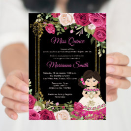 Convite Rosas Cor-de-Rosa & Fundo Preto Quinceanera  