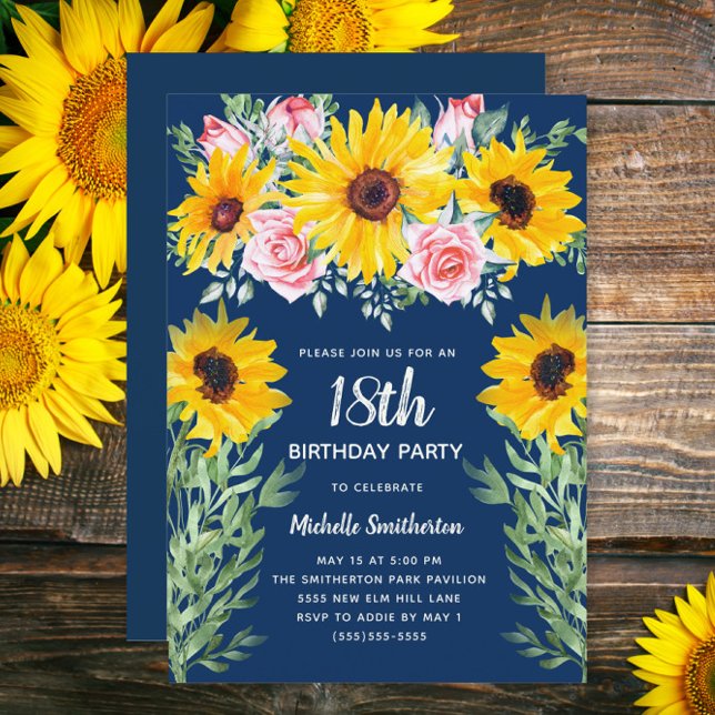Convite Rosas cor-de-rosa Girassóis Marinho Azul 18º Anive (Sunflowers and pink roses on navy blue custom 18th birthday party invitation)