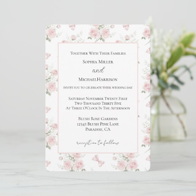 Convite Rosas Cor-de-rosa Laços Casamento (Em pé/Frente)