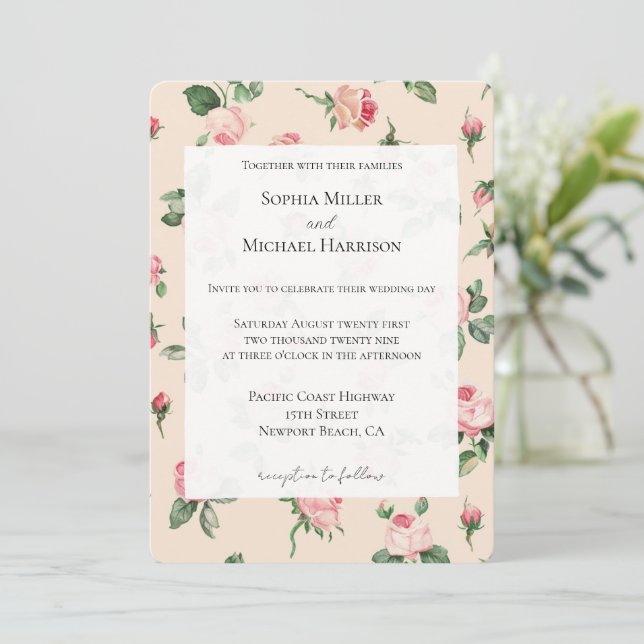 Convite Rosas Cor-de-Rosa Lindas - Casamento Floral (Em pé/Frente)