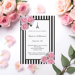 Convite Rosas cor-de-rosa listras pretas e brancas Paris S