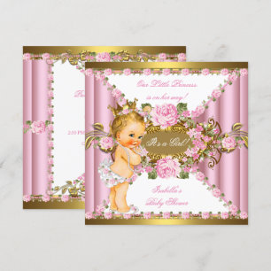 Convite Rosas Cor-de-Rosa Ouro Branco Princesa Chá de Bebê