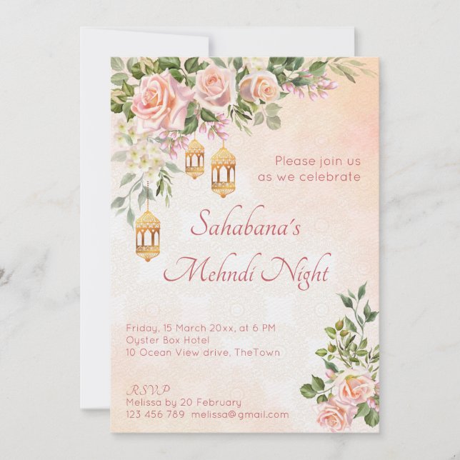 Convite Rosas cor-de-rosa-pastel com lanternas marroquinas (Frente)