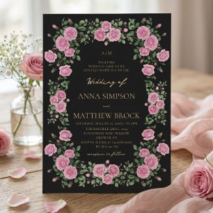Convite Rosas Cor-de-Rosa Quadro Botânico Elegante Casamen
