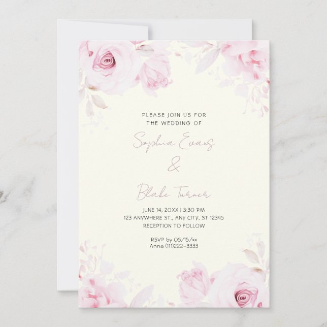 Convite Rosas Cor-de-Rosa Românticas Casamento Amarelo Cla (Frente)
