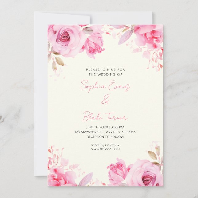Convite Rosas Cor-de-Rosa Românticas Casamento Amarelo Cla (Frente)