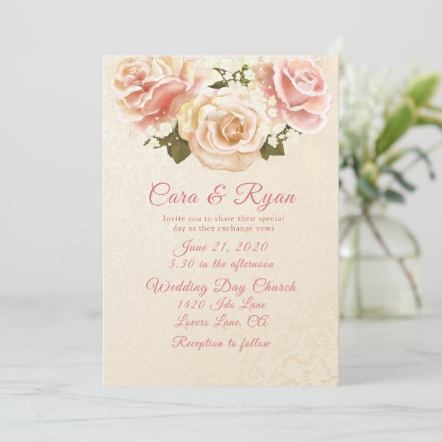 Convite Rosas Cor-de-Rosa Românticas Elegante Casamento (Em pé/Frente)