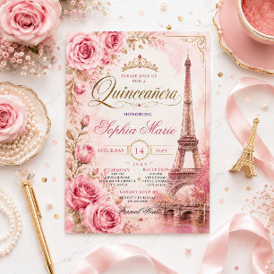 Convite Rosas Cor-de-Rosa Vintage Torre Eiffel Quinceañera