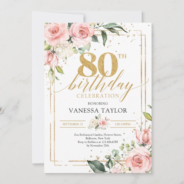 Convite Rosas coradas boho flores eucalipto 80º Aniversári (Frente)