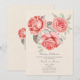 Convite Rosas Coral Pêssego Vintage Folhagens Casamento