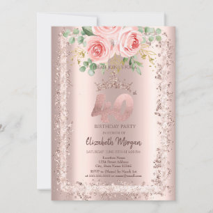 Convite Rosas, Coroa com Moldura de Brilho Dourado Rosa pa