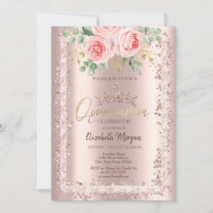 Convite Rosas, Coroa de Moldura com Glitter em Rose Gold Q