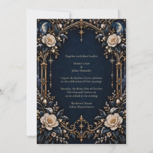 Convite Rosas Creme Casamento Gótico Celestial Navy