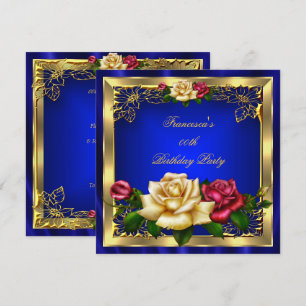 Convite Rosas Creme Vermelho Azul Real Dourado Festa de An