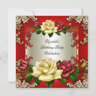 Convite Rosas Creme Vermelho Dourado Festa de Aniversário 