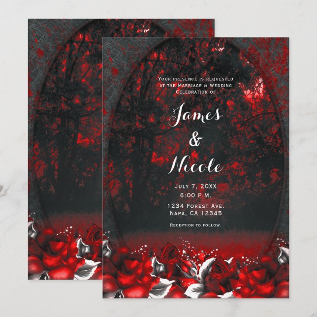 Convite Rosas da Floresta Vermelha e Preta Casamento Gótic (Frente/Verso)