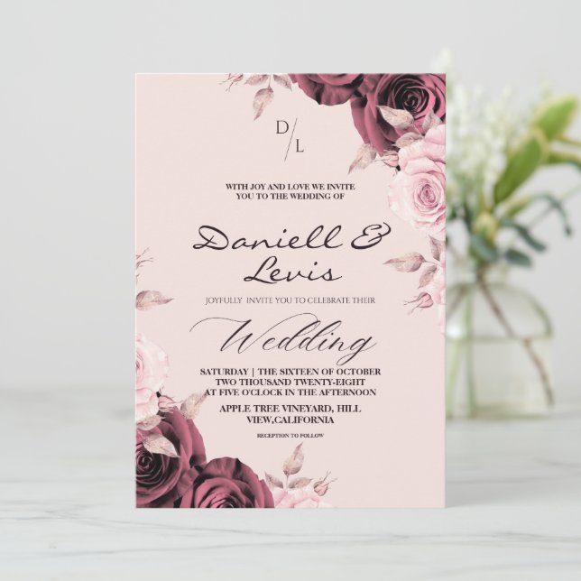 Convite Rosas da Primavera ⎮ Casamento Rosa Empoeirado  (Em pé/Frente)
