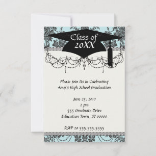 Convite rosas damask graduação azul-claro e preto