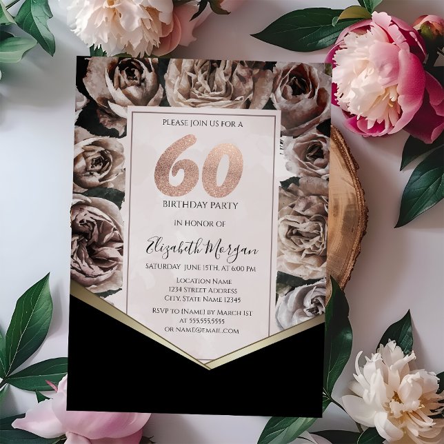 Convite Rosas Dark Elegantes 60º Aniversário (Criador carregado)