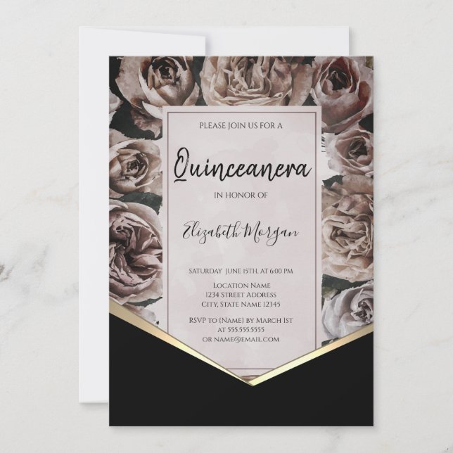 Convite Rosas Dark Elegantes Quinceanera (Frente)