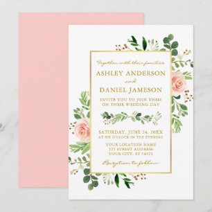 Convite Rosas De Água Verde Cor-de-Rosa Casamento Blush D