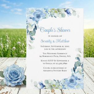 Convite Rosas de Aguarela Azul Floral Casamento de Casais 