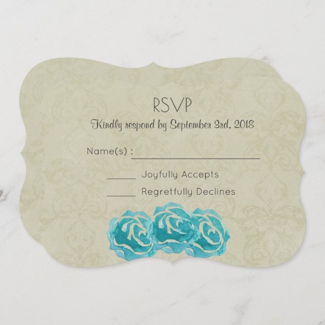 Convite Rosas de Aguarela Azul-turquesa em RSVP de Casamen (Frente/Verso)