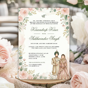 Convite Rosas de Aguarela Rosa Bege Floral Casamento Sikh